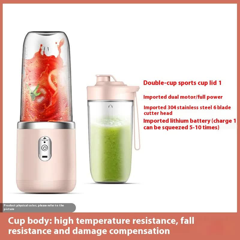 Pink portable blender with tall blending cup and smaller sports cup, both with lids