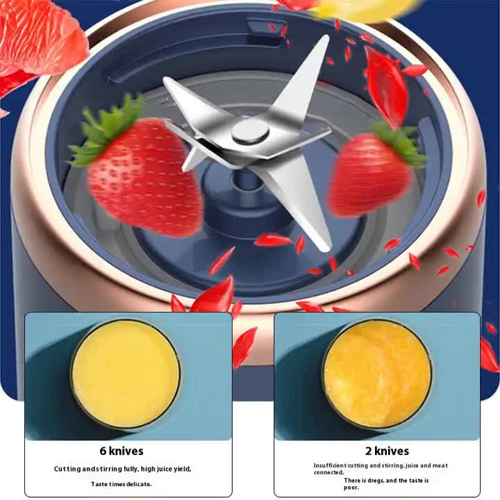 Blender blade assembly in round cup, with four stainless blades and fruit pieces