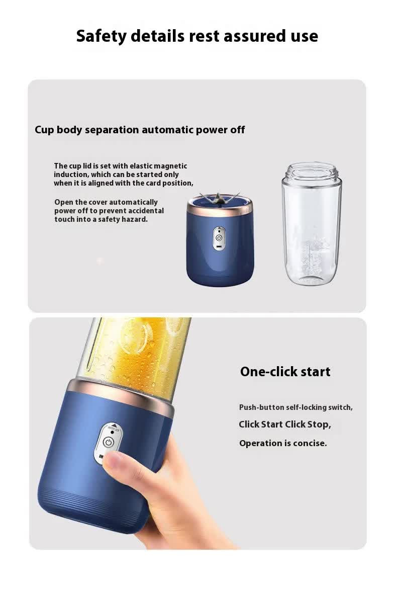 Blue portable blender base with clear cup and push-button start control
