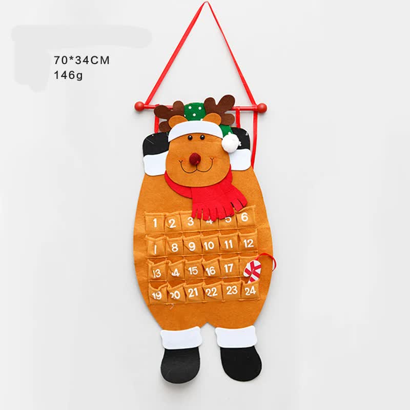 Felt reindeer advent calendar wall hanging with 24 numbered pockets and hanging loop