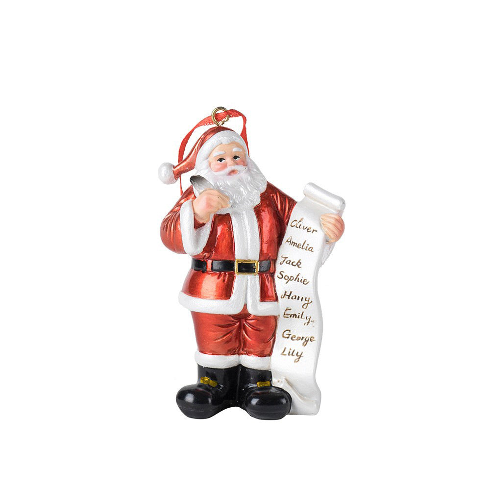 Santa Claus resin ornament holding a white name list scroll, red-and-white outfit