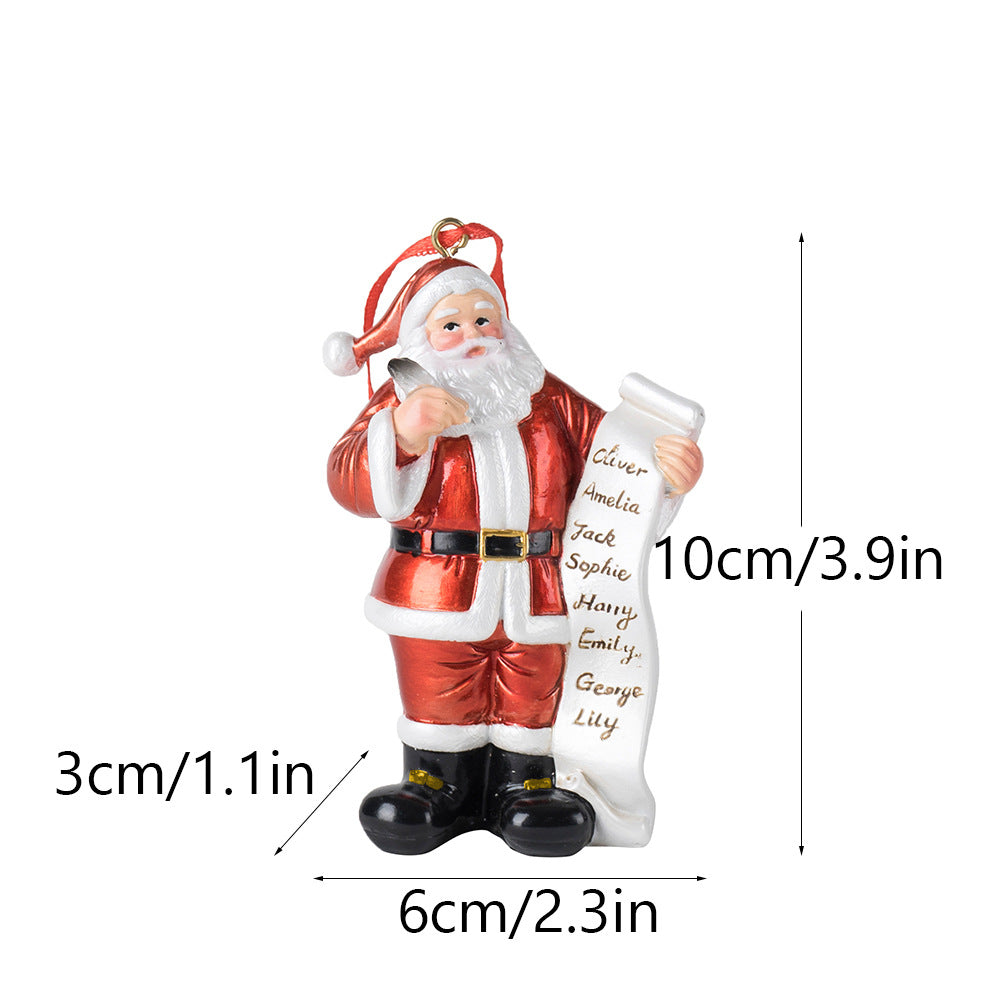 Santa Claus resin ornament holding name list, 10cm tall, 6cm wide, 3cm deep