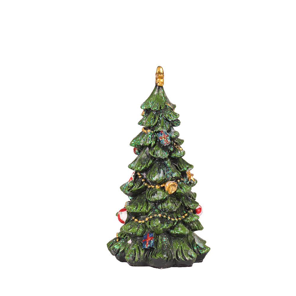 Decorative green resin Christmas tree figurine with gold topper and multicolor ornaments