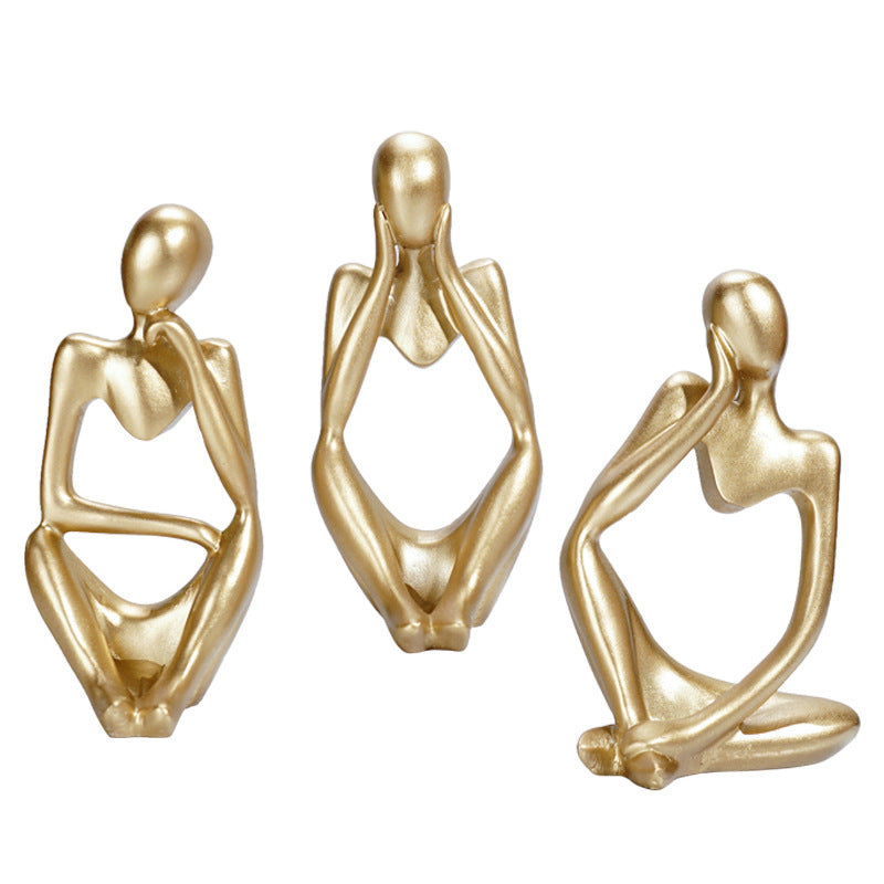 Gold resin abstract thinker figurines, set of 3, seated poses