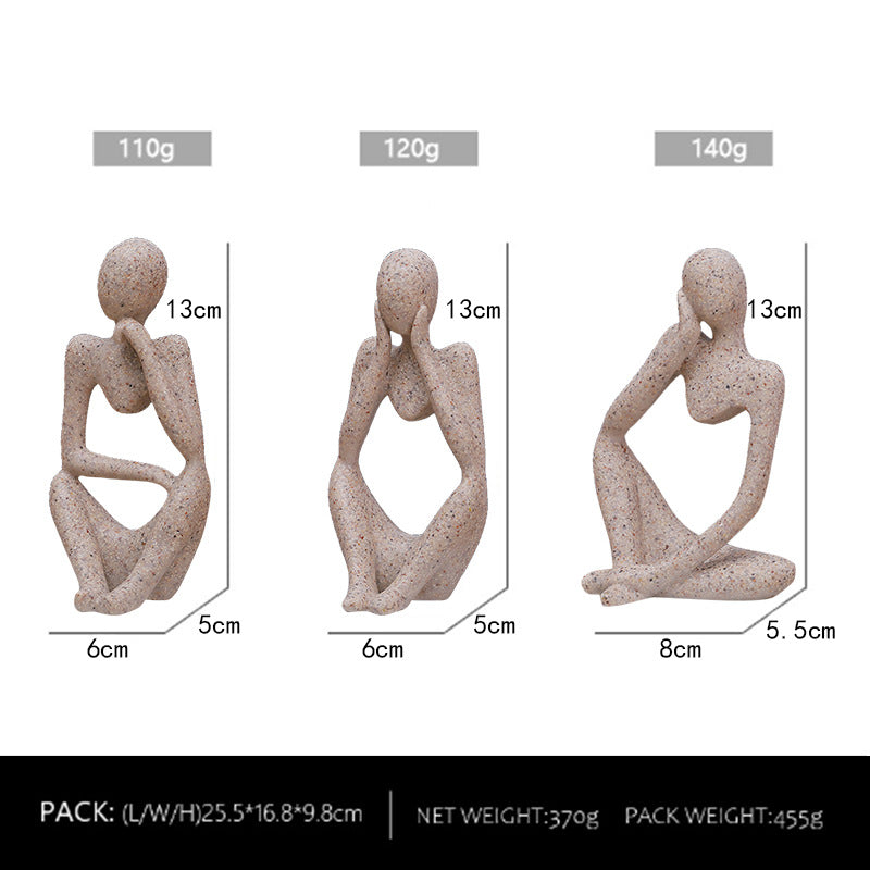 Set of 3 abstract thinker resin sculptures, seated figures with textured beige finish