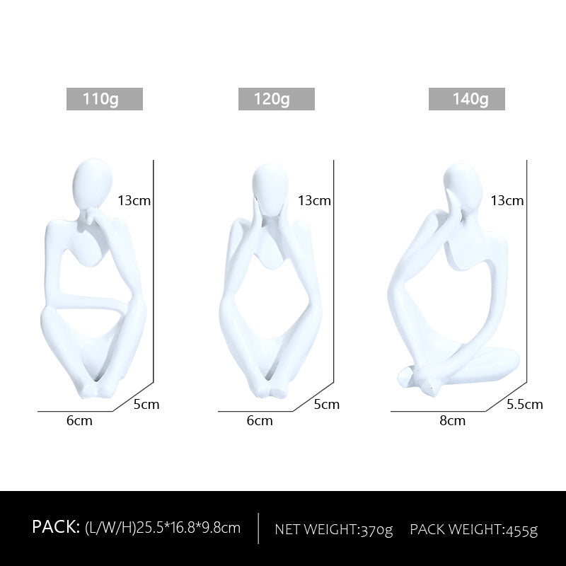 Abstract Thinker sculpture set: 3 white resin seated figures, 13cm height.
