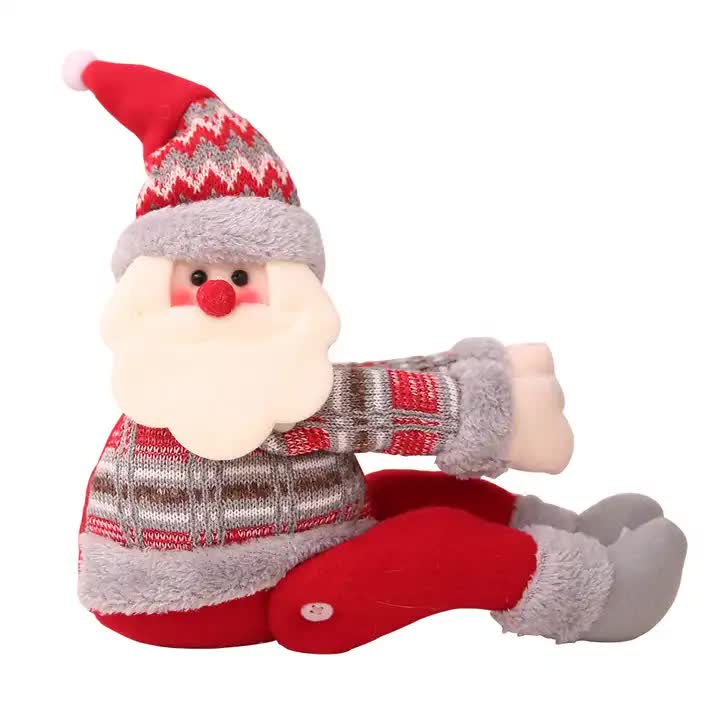 Plush Santa curtain tieback, red hat and suit with grey striped sweater and belt