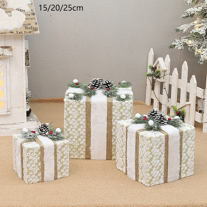 Set of 3 Christmas gift boxes with pinecone, berry and greenery toppers, striped design