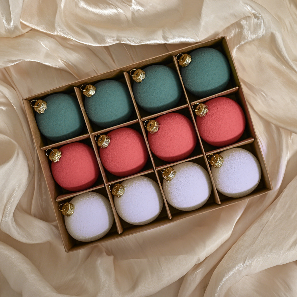 Matte shatterproof Christmas ornaments set, pastel teal, pink, and white baubles with gold caps