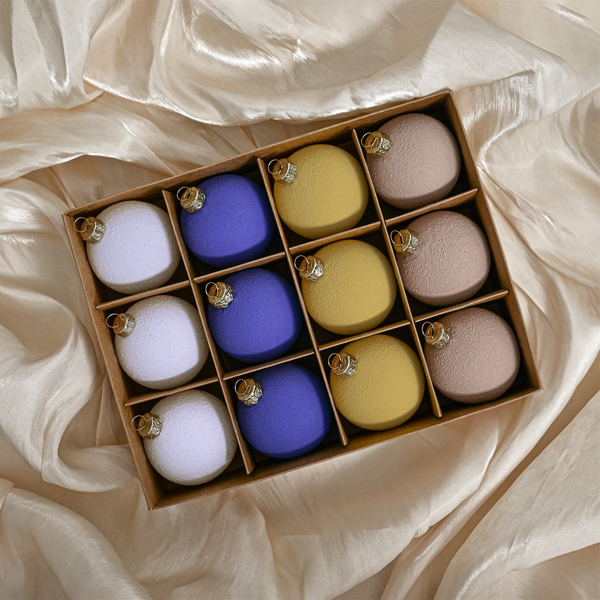 Matte pastel Christmas bauble set, 12 round ornaments with gold caps in a box