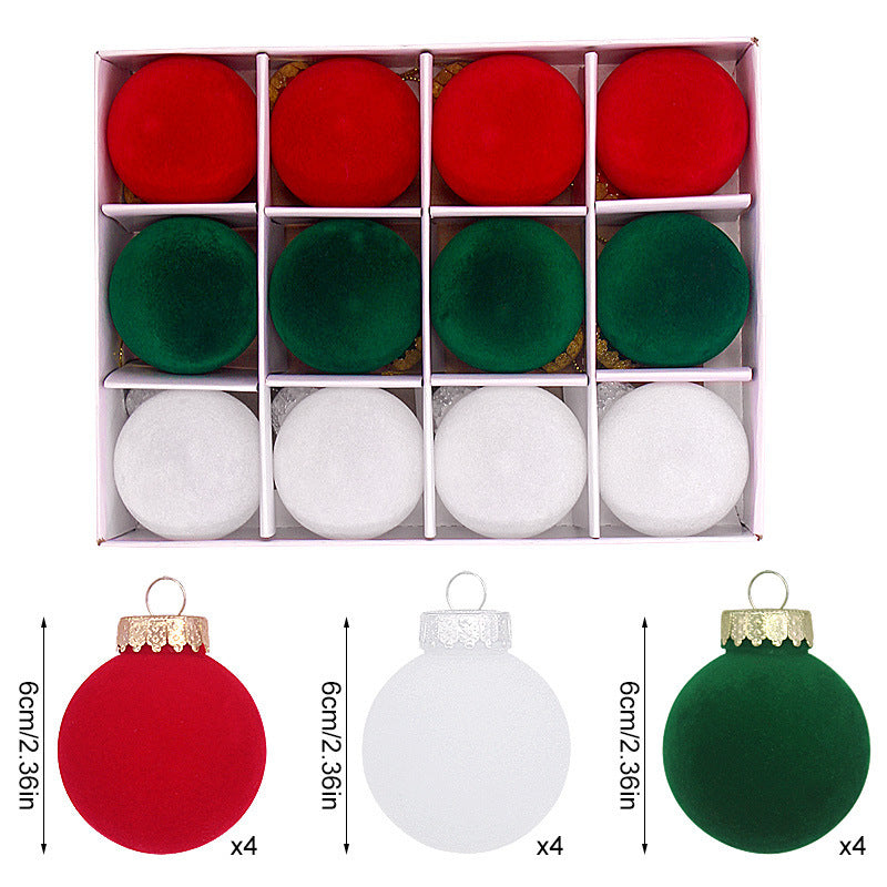 Velvet Christmas bauble set, round red, green, and white ornaments in display box