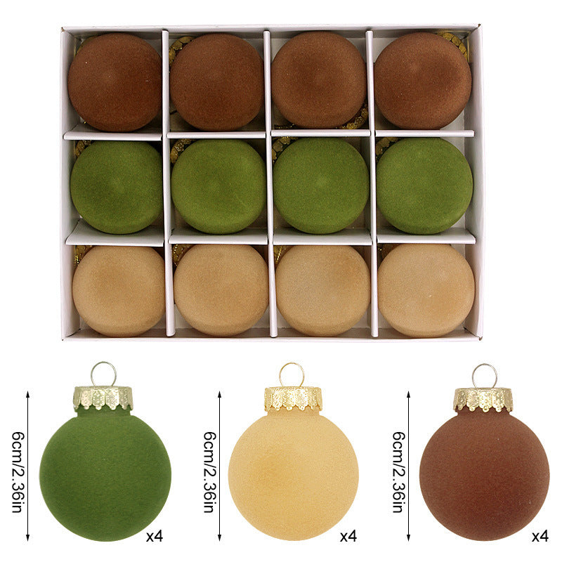 Velvet bauble set with gold caps in brown, green, and tan, 6 cm