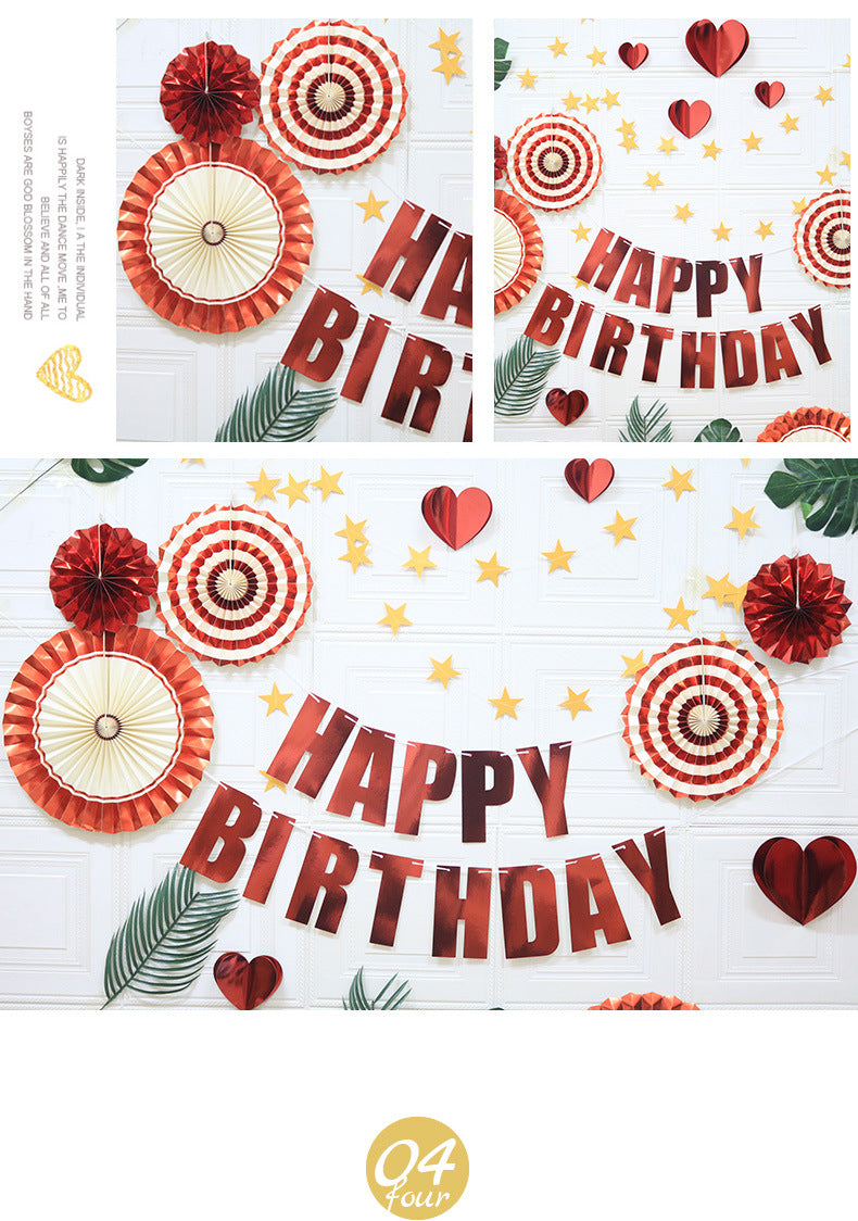 Birthday decoration set with Happy Birthday banner, red heart accents, and paper fans