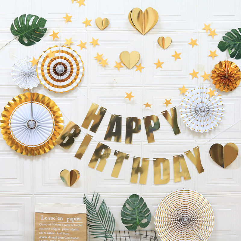 Happy Birthday banner with gold hearts, stars, and round fan decorations set
