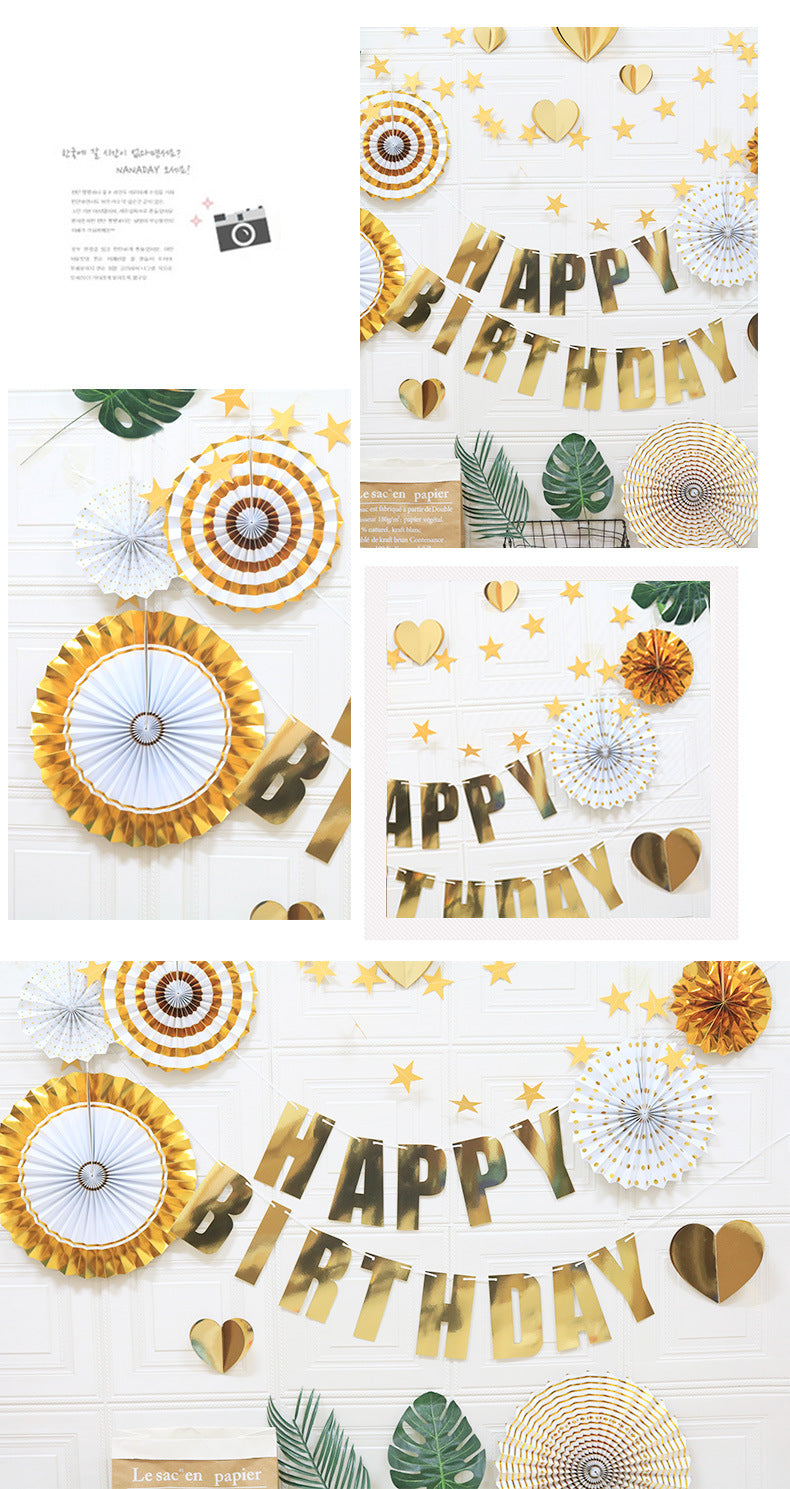 Decoration set: 'Happy Birthday' banner, paper fans, hearts and star accents