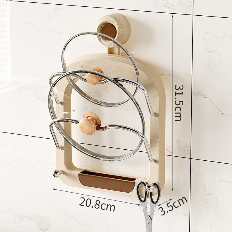 Wall-mounted pot lid organizer rack with chrome ring hooks and beige base