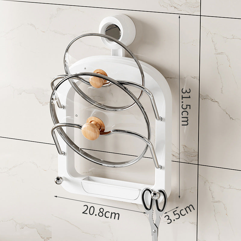 Wall-mounted pot lid rack with white adhesive mount and chrome holder loops