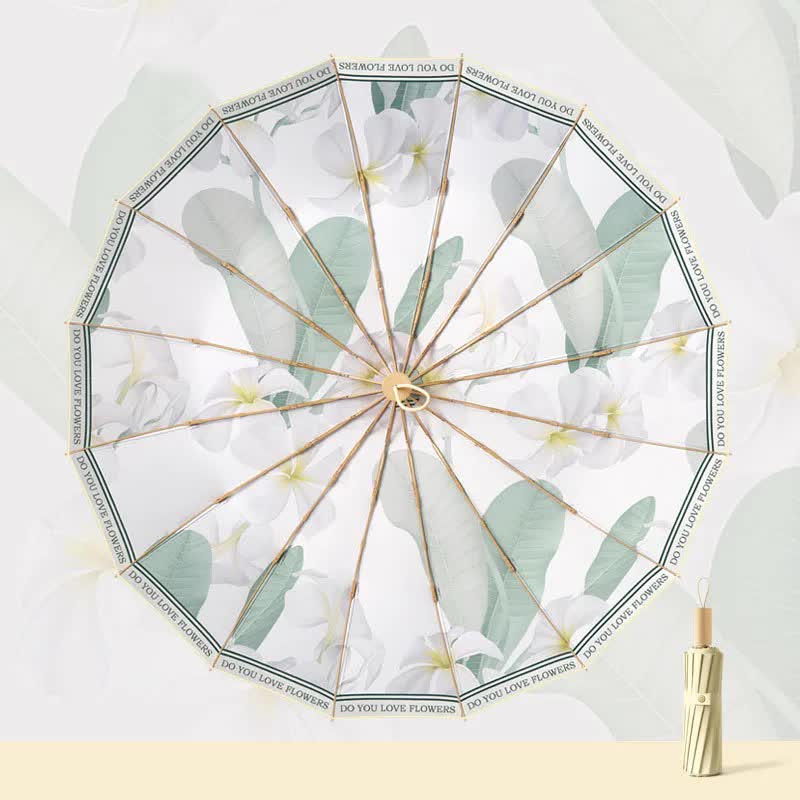 Folding umbrella with green floral canopy and ribbed frame, round top view