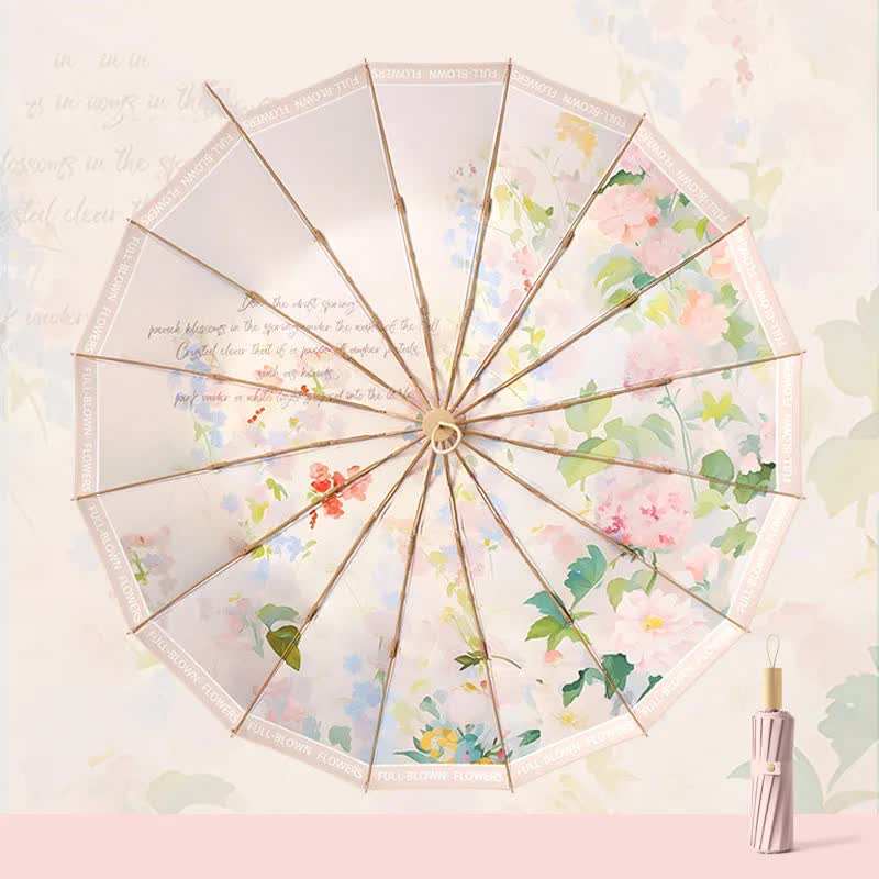 Pink floral folding umbrella with circular canopy and gold ribs