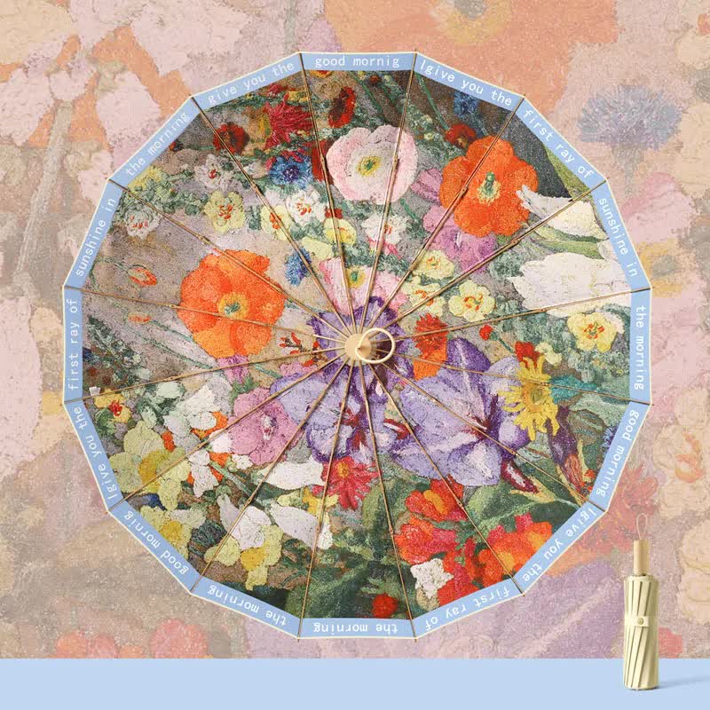 Open folding umbrella with colorful floral canopy and circular rib pattern