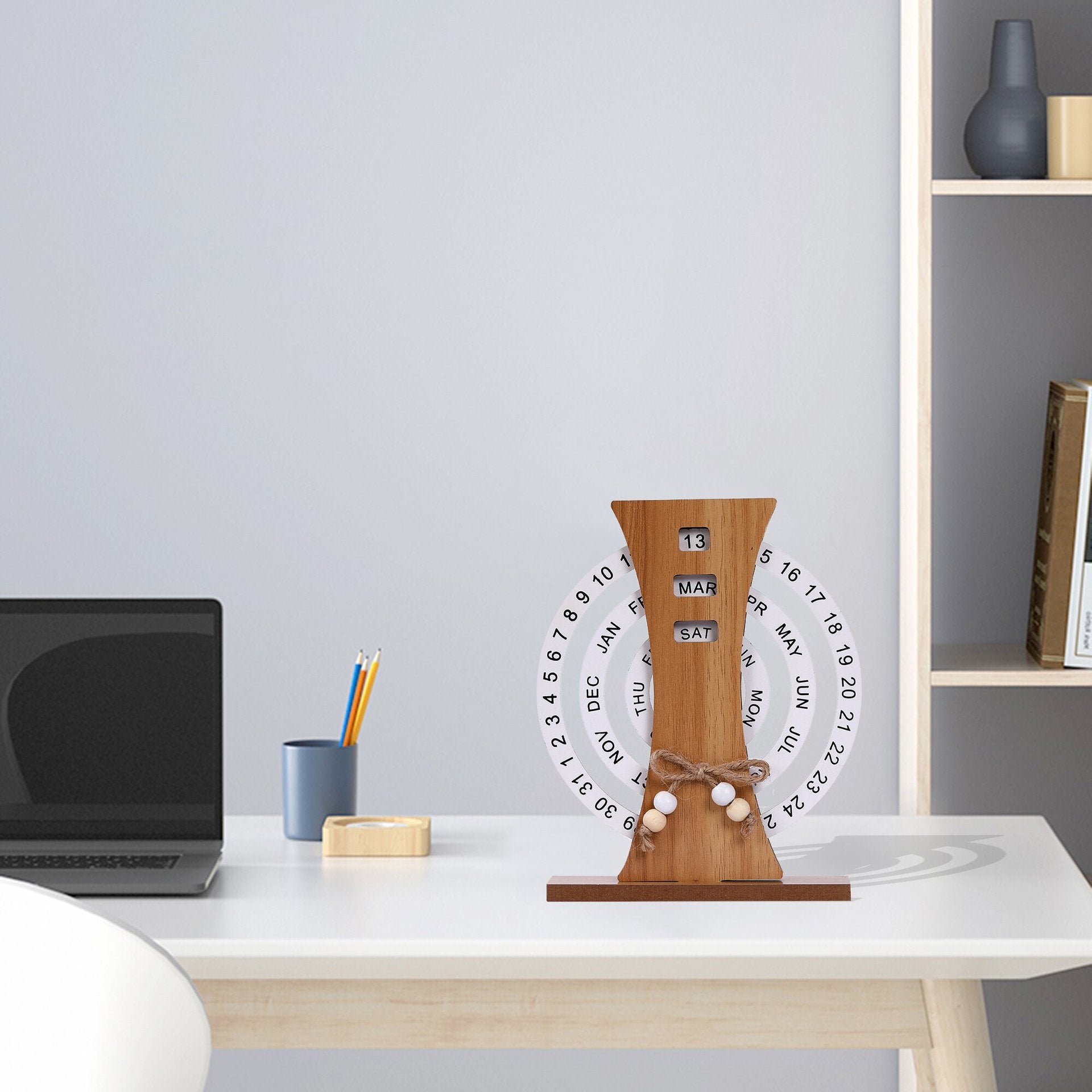 Wooden perpetual calendar on stand with ferris-wheel month wheel and day/date blocks