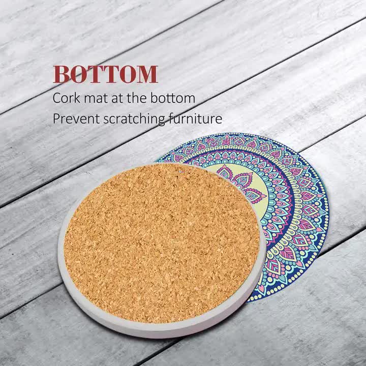 Round drink coaster with cork underside and colorful mandala rim on side