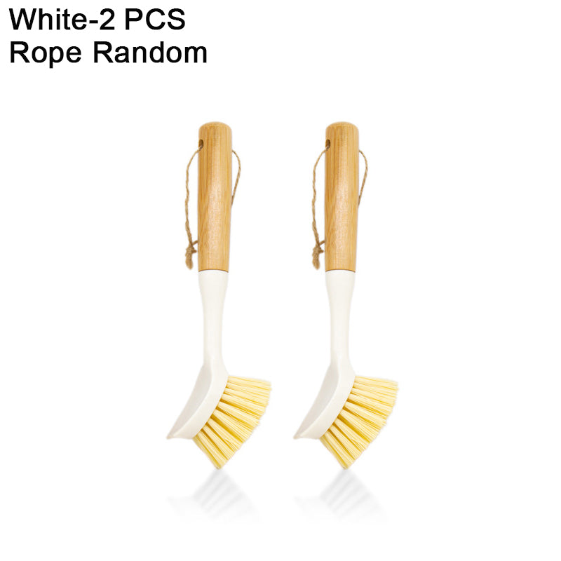 Dish scrub brush set: 2 white-bristle heads with bamboo handles and rope loops