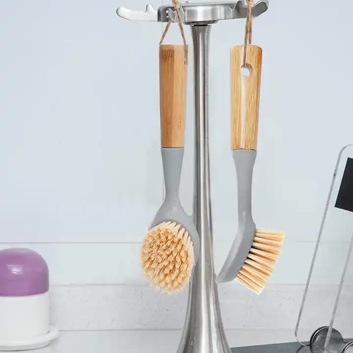 Dish scrub brush set: two gray heads with tan bristle rounds on wooden handles