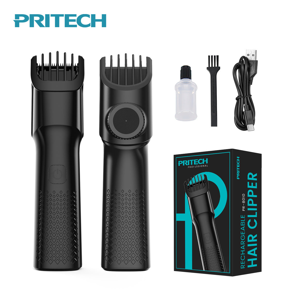 PRITECH hair trimmer kit with charging cable, cleaning brush, oil bottle