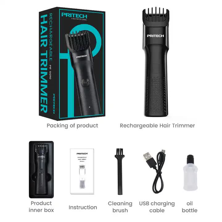PRITECH rechargeable hair trimmer kit with product box and accessories