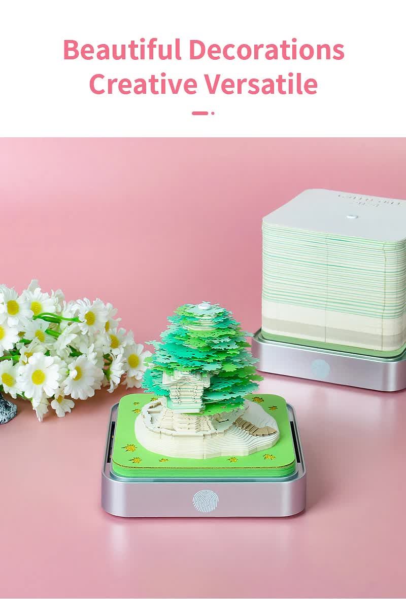 3D paper tree night light with stacked memo cards, on a silver base