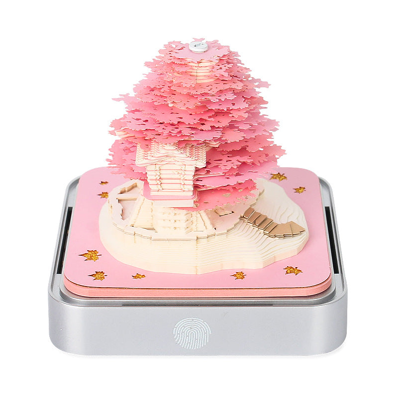 Pink 3D paper tree night light with silver base and notepad