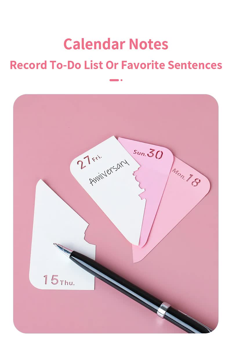 Pink calendar notes cards with layered anniversary pages and black pen