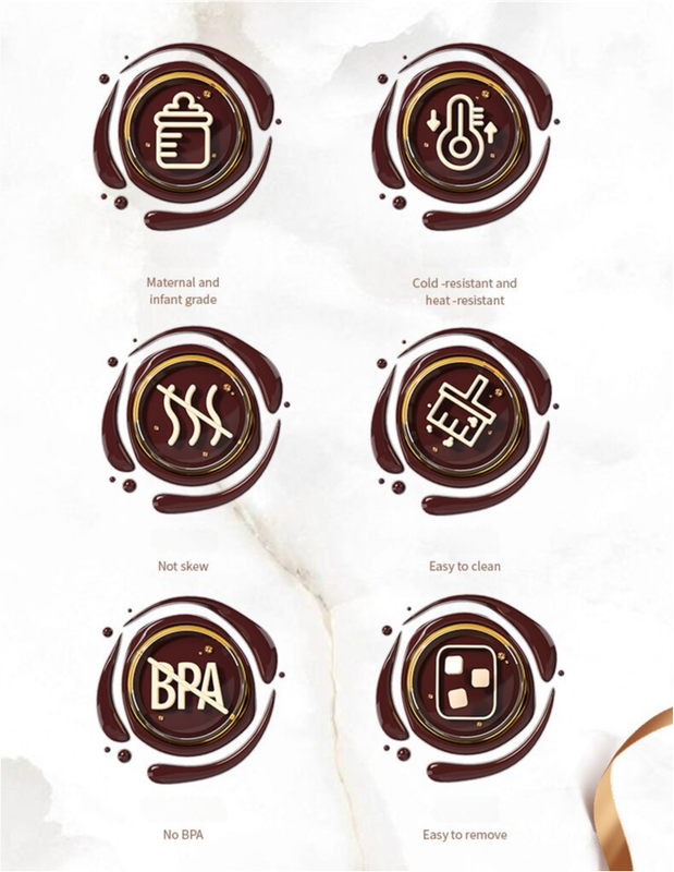 Silicone chocolate bar mold feature icons for heat resistance, easy clean, easy release