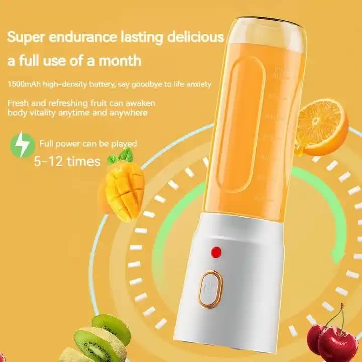 Portable blender with clear jar on white base, orange indicator light
