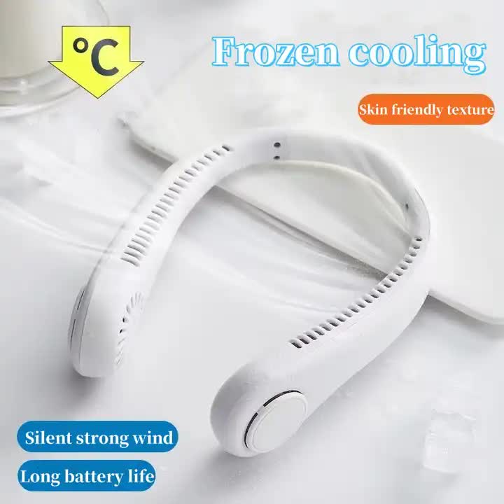 Leafless hanging neck fan in white with curved neckband and round side control button