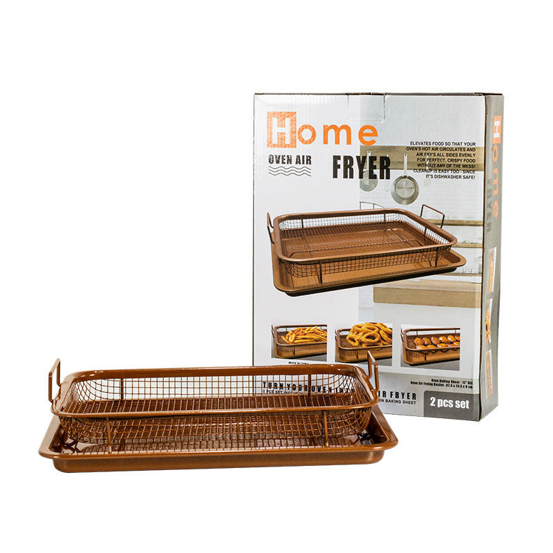 Square copper grill basket with two side handles and non-stick tray