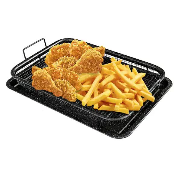 Non-stick grill tray with wire basket holding breaded chicken and fries