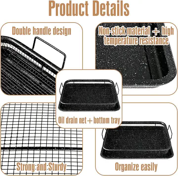Grill basket and non-stick base tray diagram with double handles and oil drain net