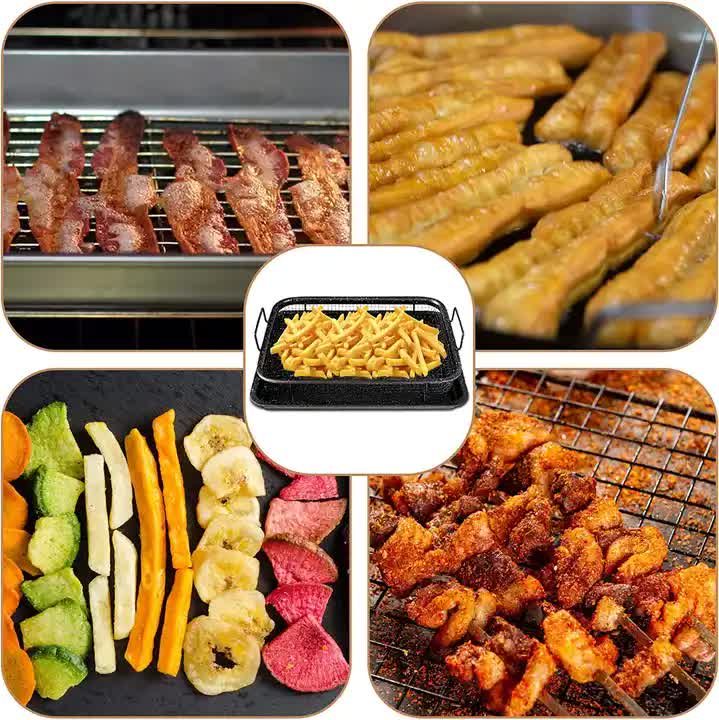 Square grill basket with mesh and handle, shown with grilled meat, fries, and vegetables