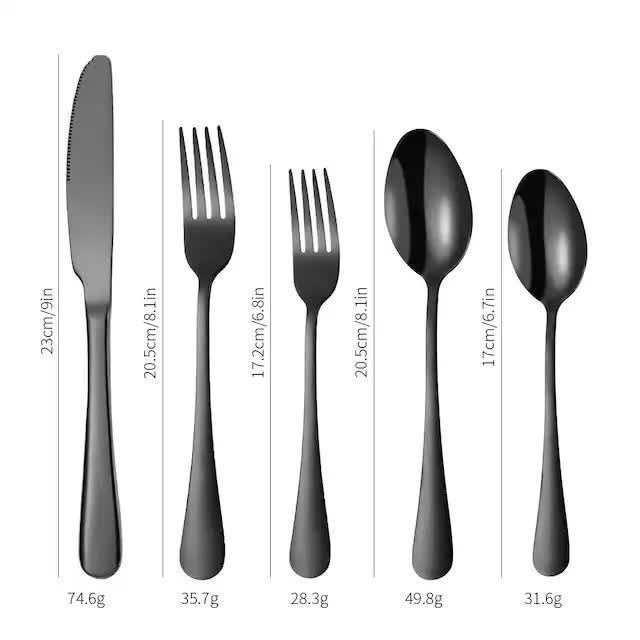 Black stainless steel cutlery set with knife, fork, and spoon pieces