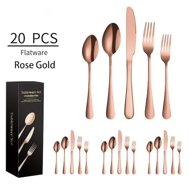 Rose gold stainless steel cutlery set, 20-piece steak knife fork spoon set