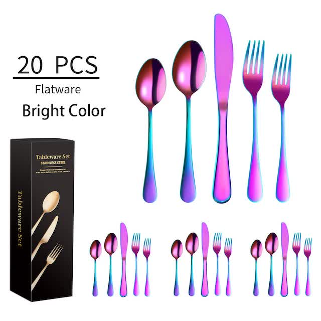 Stainless steel cutlery set with purple and blue gradient handles, forks and spoons