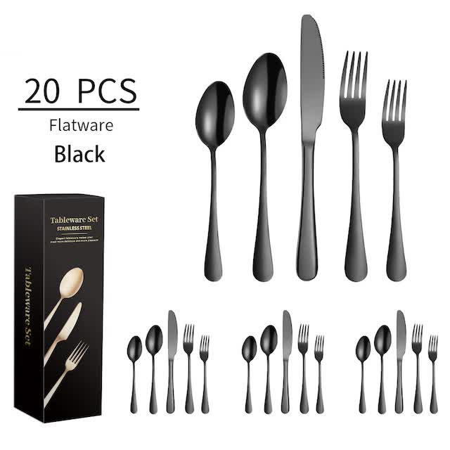 Black 20-piece stainless steel cutlery set with steak knife, fork, and spoon