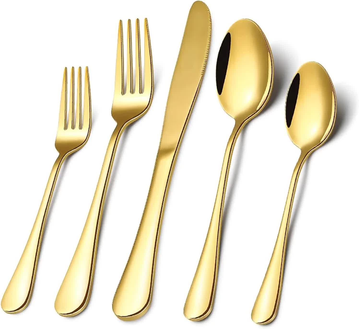 Gold stainless steel cutlery set with fork, knife, and spoon