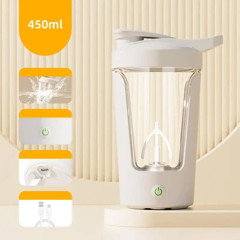 White rechargeable stirring cup with clear lid and handle, showing power button