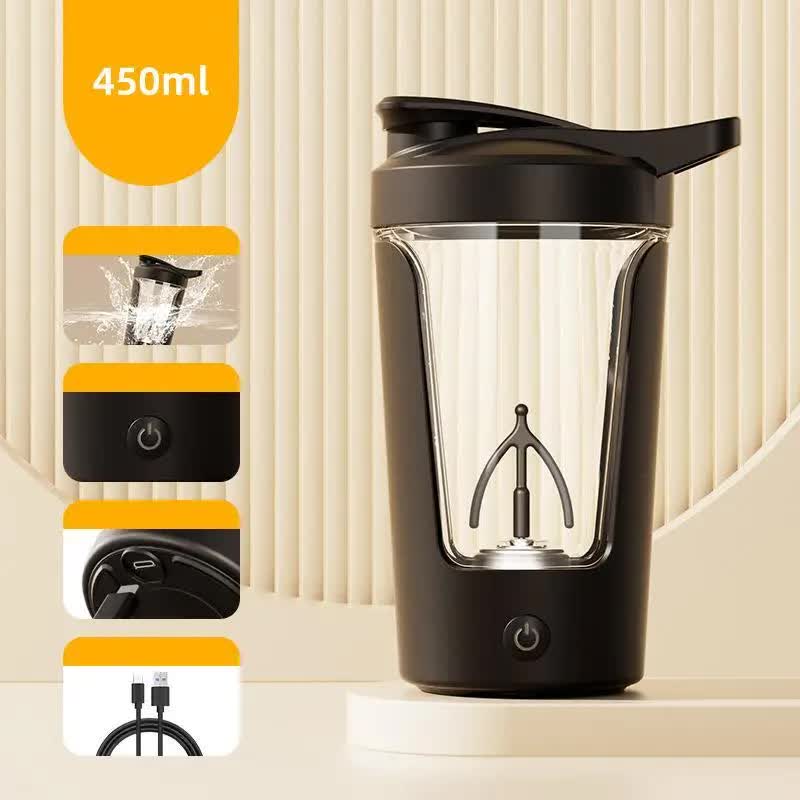 Black electric auto-stirring cup with clear lid and stainless inner chamber