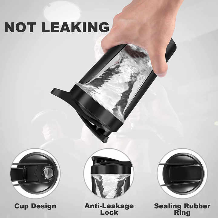 Black leak-resistant electric mixing cup tilted, showing sealed rim and lid