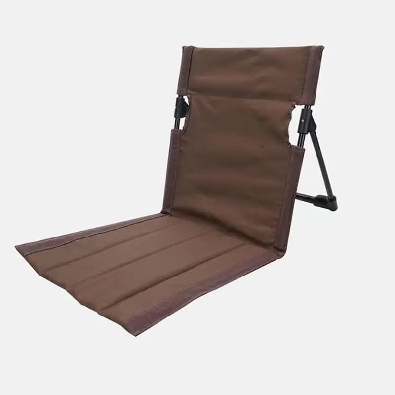 Brown folding lawn chair with backrest, padded fabric seat, recline position