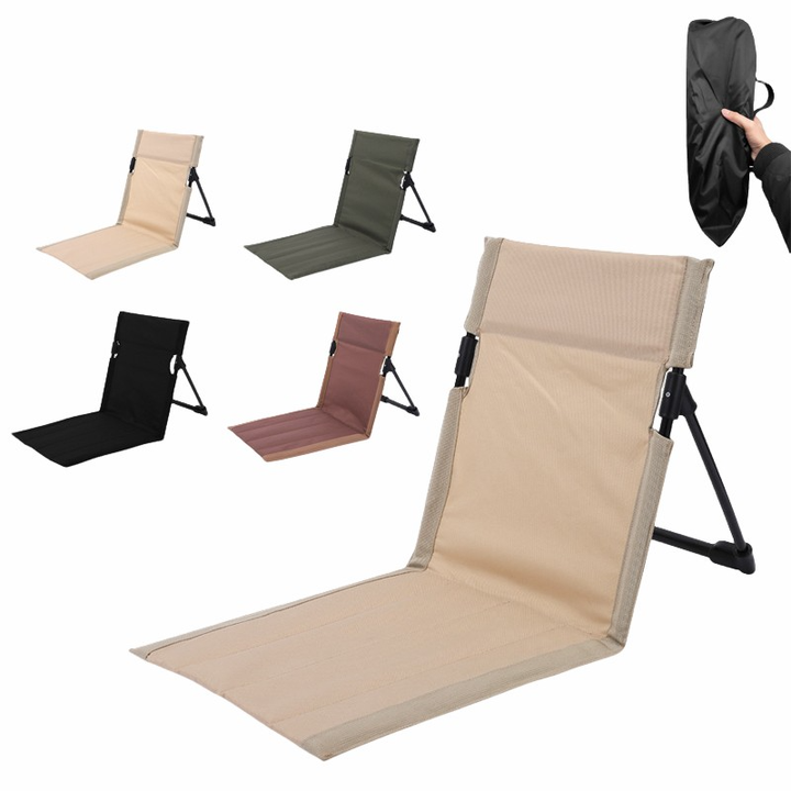 Folding lawn chairs with backrests, padded fabric seats, shown in multiple colors